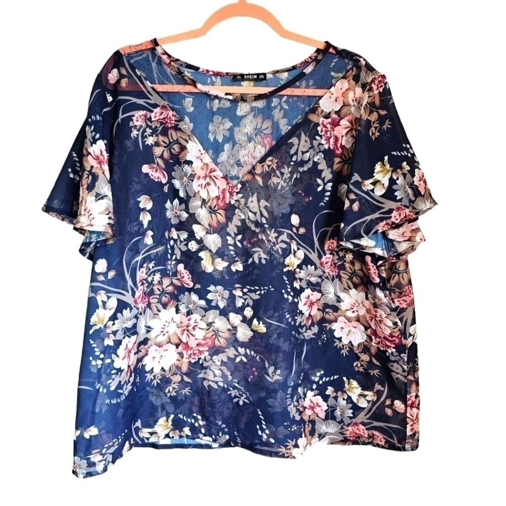 Floral sheer poncho blouse womens plus 2x